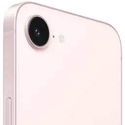 Esquina trasera del iPhone 17e rosa palo con cámara Fusión de 48 MPx y flash; acabado metálico suave y bordes redondeados en pantalla de 6.1 pulgadas