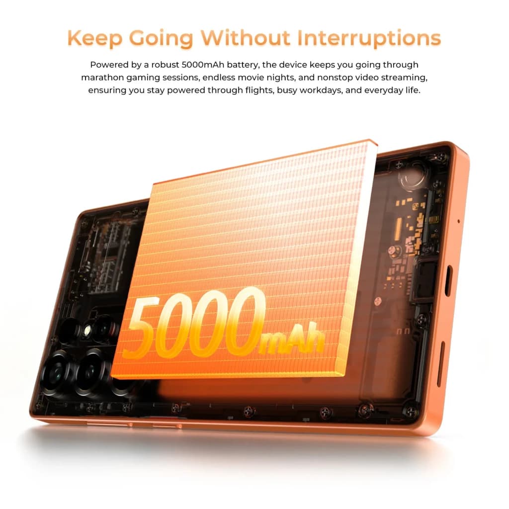 Oukitel C66 512 GB Cinza com destaque para bateria 5000 mAh, corpo laranja metálico e interior exposto, ideal para uso intenso e duradouro