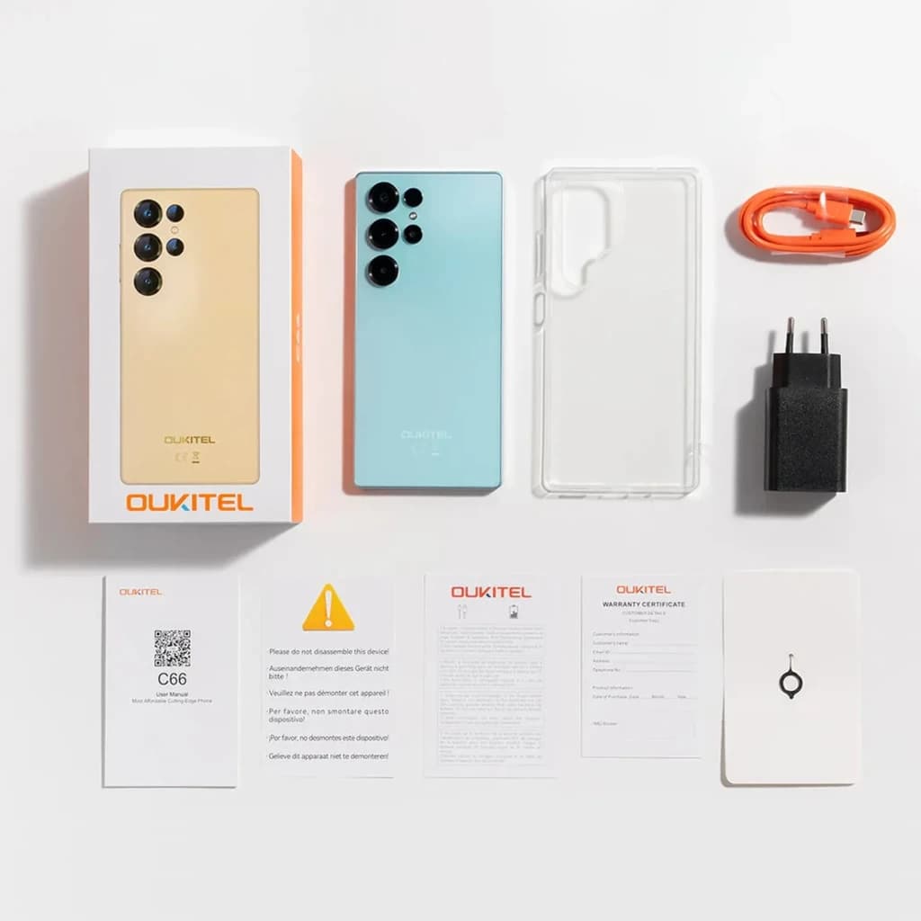 Oukitel C66 512 GB cinza, tela HD+, 8 GB RAM, NFC. Kit com capa transparente, carregador, cabo laranja e ferramenta para SIM