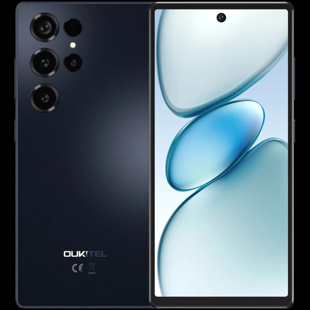 Oukitel C66 preto com tela ampla de bordas finas e furo central, módulo traseiro com quatro câmeras salientes e flash, acabamento fosco elegante