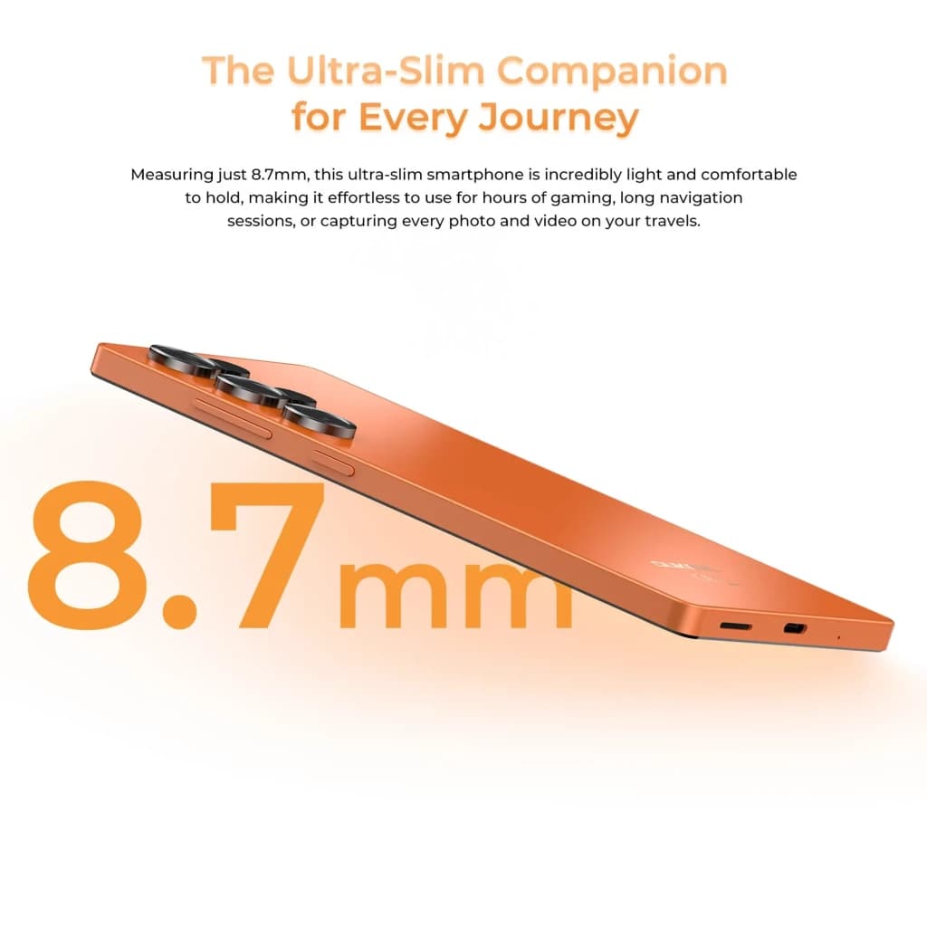 Oukitel C66 512 GB Cinza, ultra fino 8,7 mm, corpo liso em tom laranja, câmera traseira tripla saliente, porta USB-C e botão lateral visíveis