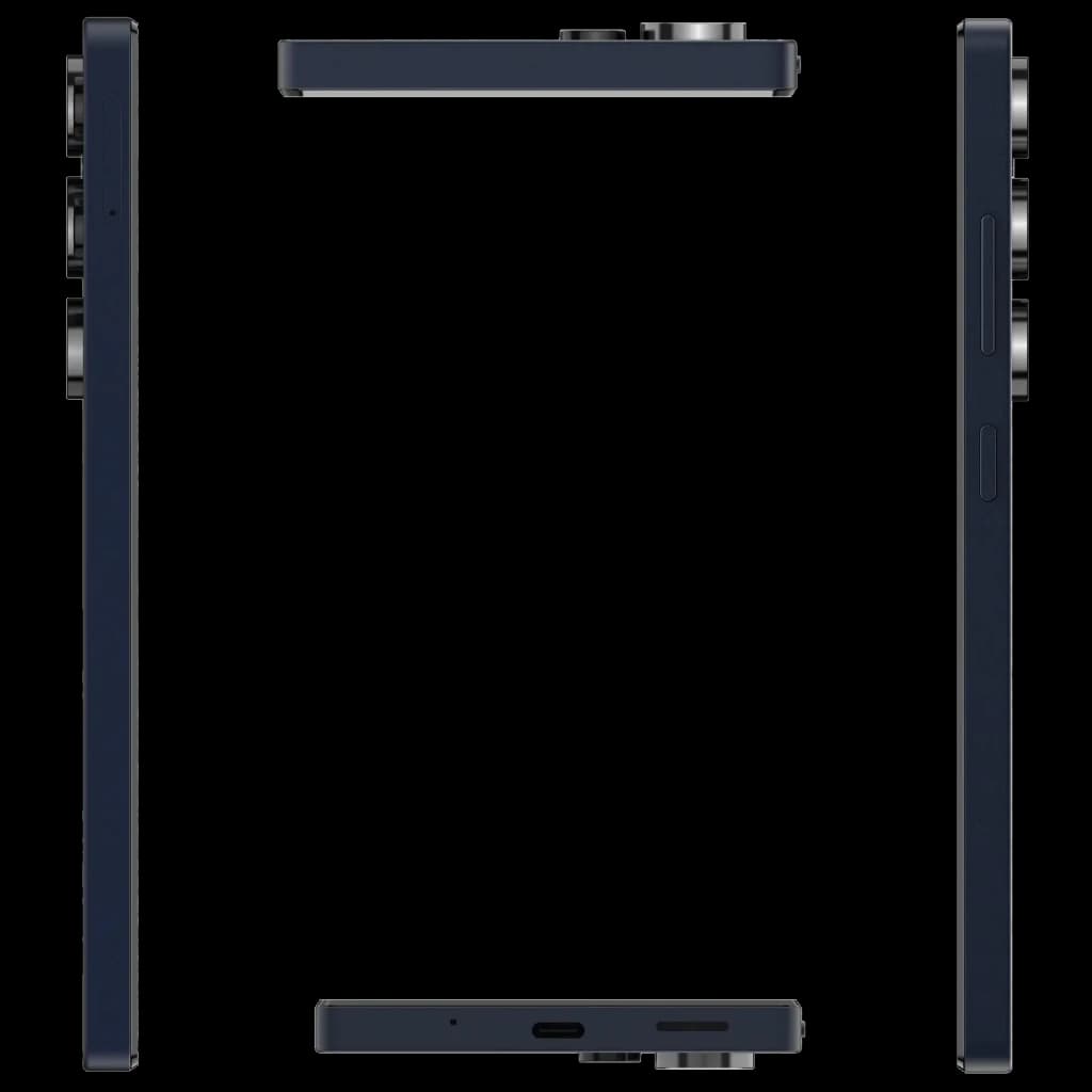 Oukitel C66 preto visto de lado: corpo fino, bordas retas, botões laterais, módulo de câmera saliente, portas USB-C e alto-falante na base