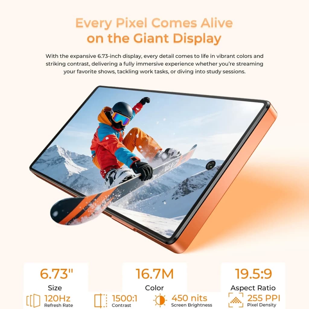 Oukitel C66 512 GB Cinza com tela gigante 6,73 pol bordas finas; snowboarder em destaque, cores vivas 16,7M, 120 Hz, brilho 450 nits, 19,5:9