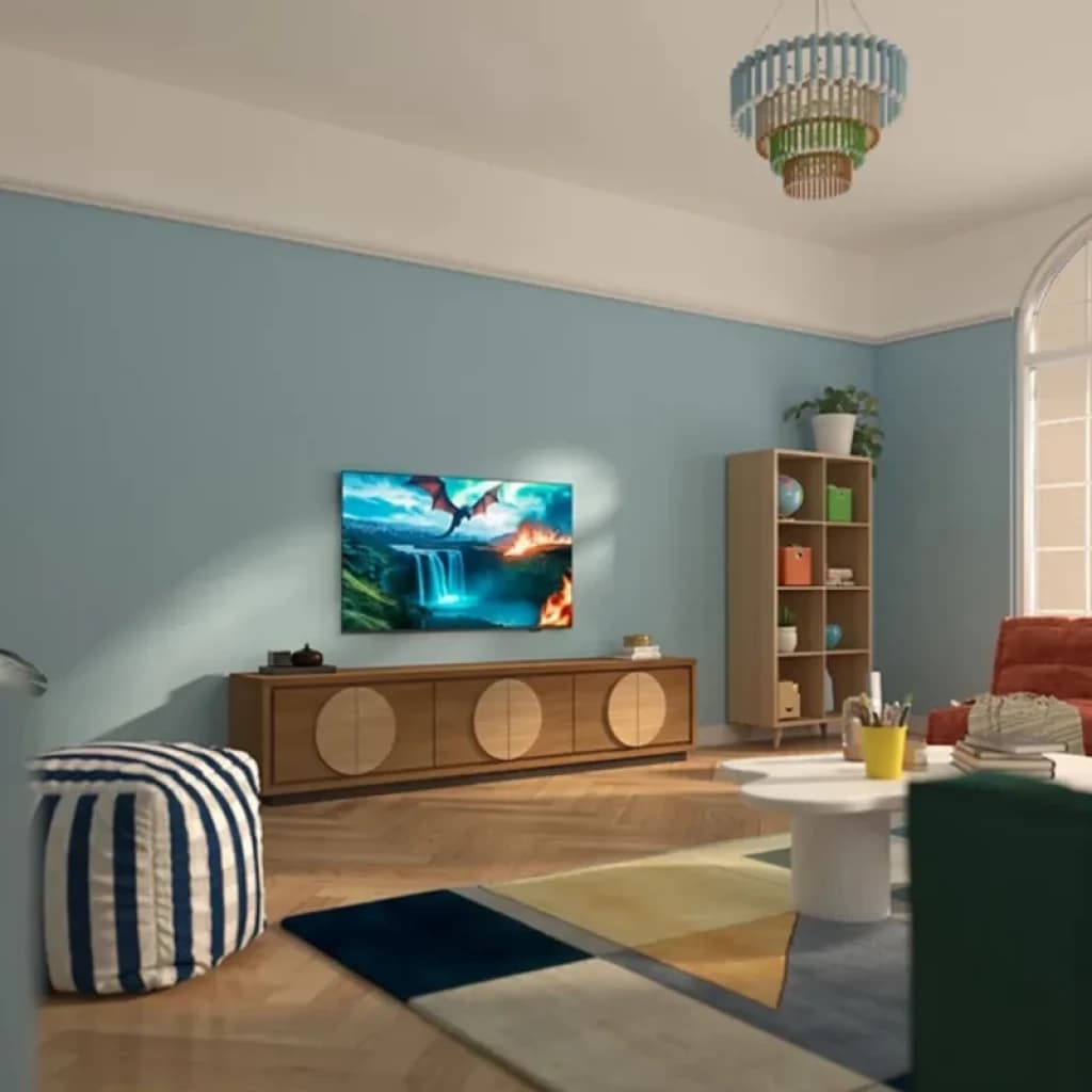 Philips 55MLED820 55 pouces 4K UHD QD‑MiniLED avec Titan OS, écran plat bord fin sur meuble bois, image lumineuse et contrastée dans salon moderne