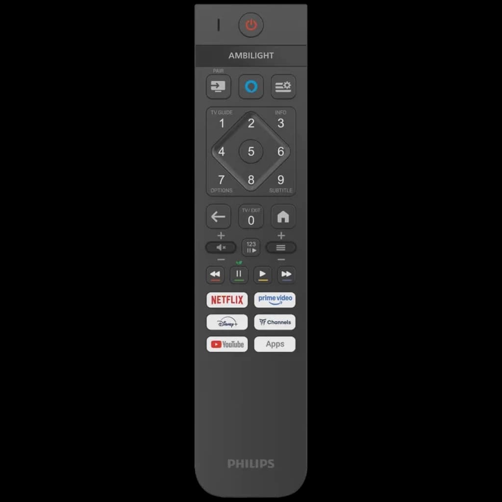 Télécommande Philips 55MLED820 noire, touches rétroéclairées, pavé numérique, commandes Ambilight, volume et lecture, accès direct Netflix, Prime