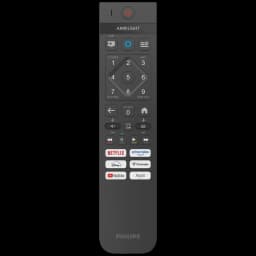 Télécommande Philips 55MLED820 noire, touches rétroéclairées, pavé numérique, commandes Ambilight, volume et lecture, accès direct Netflix, Prime