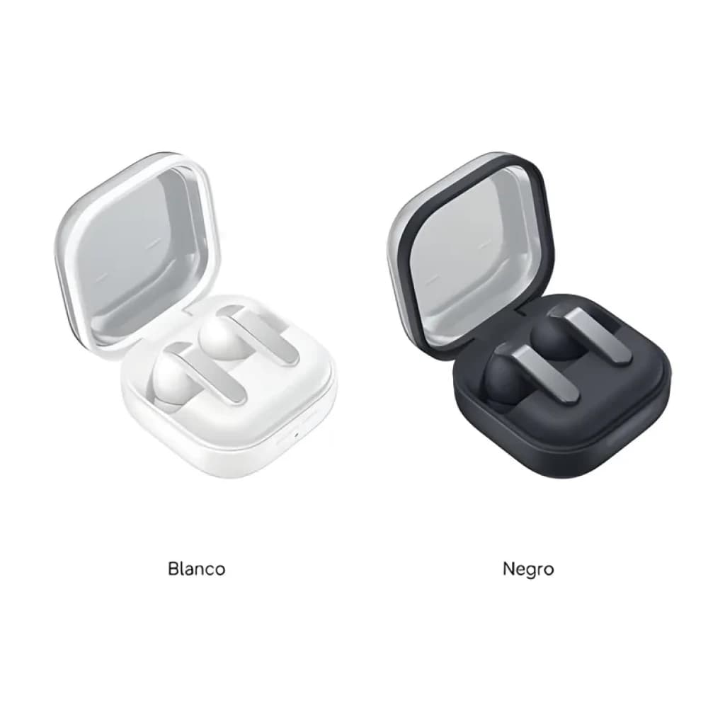Estojo quadrado com tampa translúcida e dois fones intra-auriculares compactos; versões em preto e branco com hastes curtas e acabamento fosco elegante