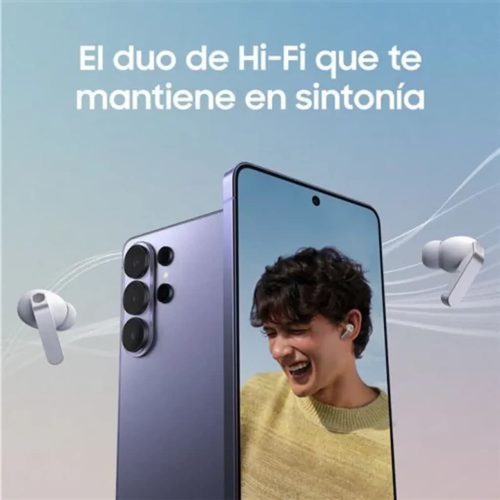 Samsung Galaxy Buds4 Pro R640 Preto em uso com smartphone; earbuds pretos compactos com hastes curtas, estojo discreto e design ergonômico moderno