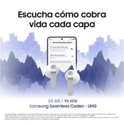 Samsung Galaxy Buds4 R540 negros con vástago plateado, diseño intraural compacto, estuche blanco ovalado y controles táctiles, estilo moderno y minimalista