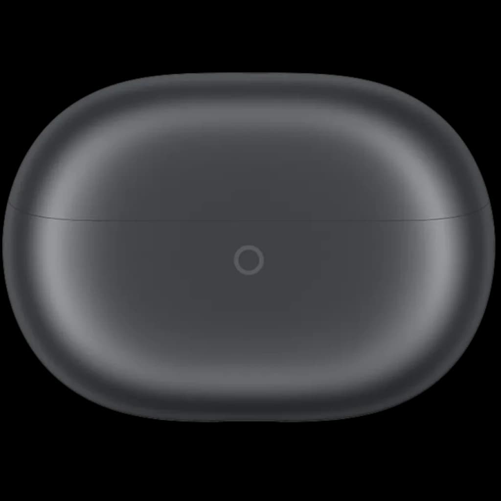 Estojo cinza dos Huawei FreeBuds Pro 5, formato oval liso, acabamento fosco, LED frontal central, design compacto e minimalista para proteção e carregamento