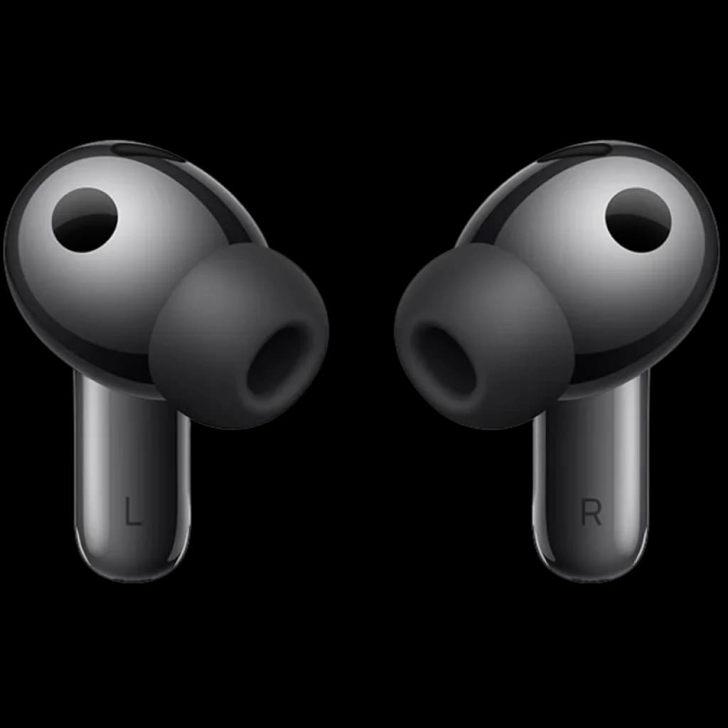 Huawei FreeBuds Pro 5 cinza com design intra-auricular, pontas de silicone pretas, acabamento metálico brilhante e hastes curtas marcadas L e R