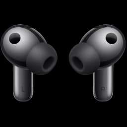 Huawei FreeBuds Pro 5 cinza com design intra-auricular, pontas de silicone pretas, acabamento metálico brilhante e hastes curtas marcadas L e R