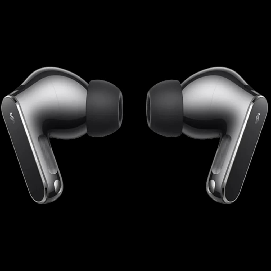 Huawei FreeBuds Pro 5 Cinza em par, design intra-auricular com pontas de silicone pretas, hastes curtas metálicas e acabamento brilhante sofisticado