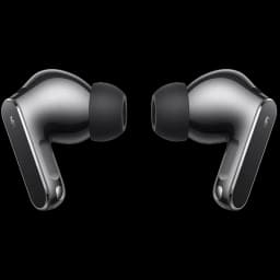 Huawei FreeBuds Pro 5 Cinza em par, design intra-auricular com pontas de silicone pretas, hastes curtas metálicas e acabamento brilhante sofisticado