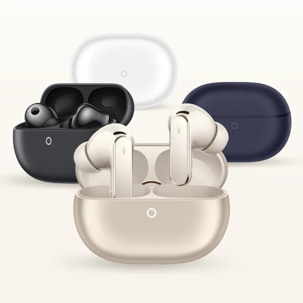 Huawei FreeBuds Pro 5 Branco com estojo compacto, design intra-auricular ergonômico, hastes metálicas elegantes e opções de cores em destaque ao fundo