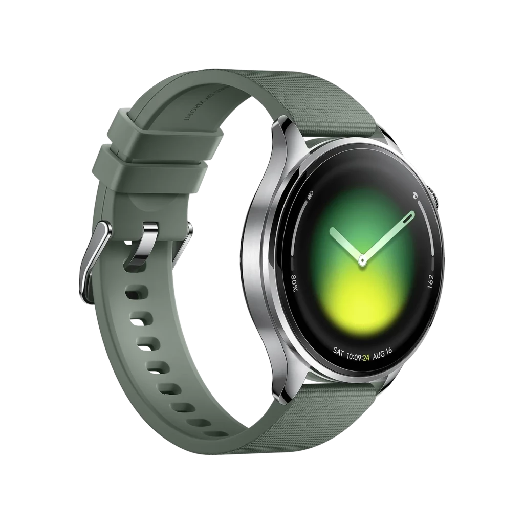 Xiaomi Watch 5 Verde Enebro con caja metálica, pantalla circular AMOLED sin bisel, corona lateral y correa de silicona negra con hebilla y ranuras ajustables - Ítem2