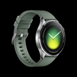 Xiaomi Watch 5 Verde Enebro com caixa prateada, mostrador circular AMOLED verde em gradiente, moldura fina e pulseira de silicone verde com fecho metálico
