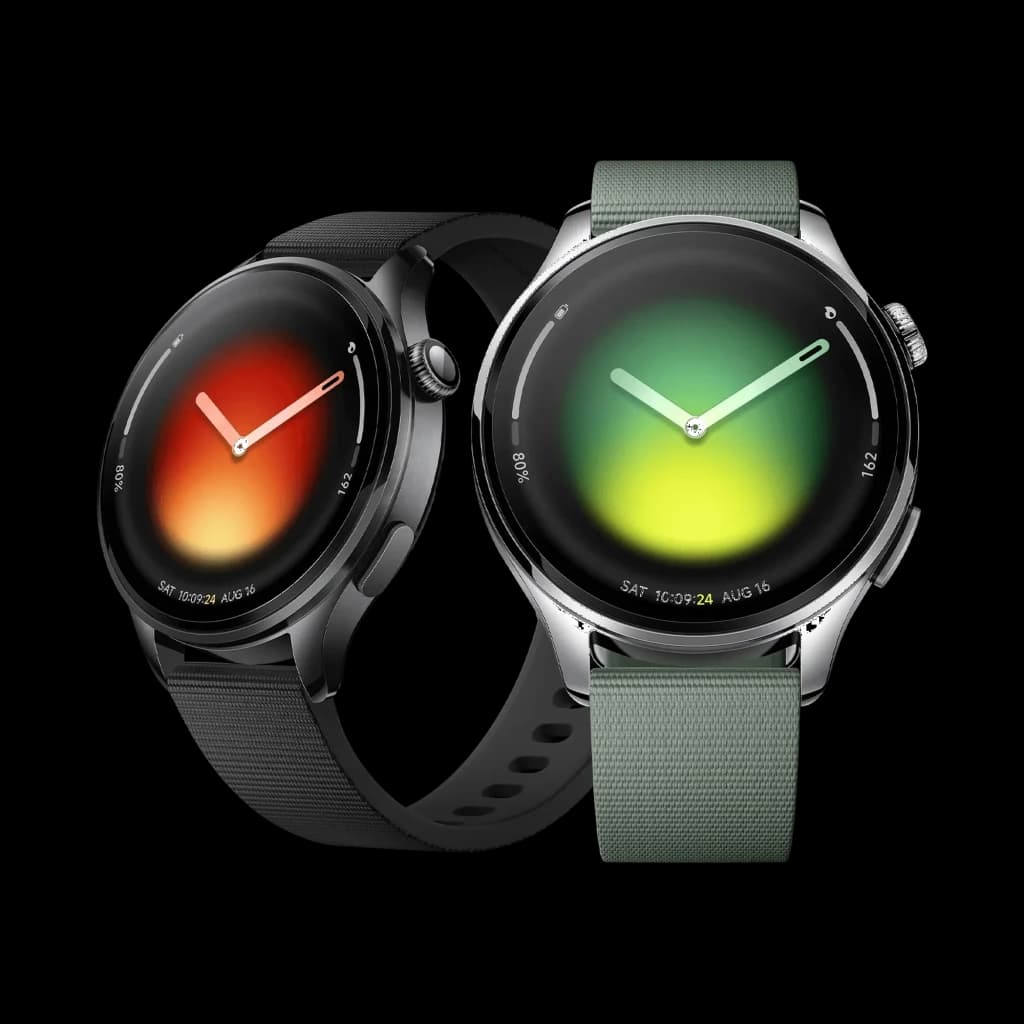 Xiaomi Watch 5 Verde Enebro com mostrador circular AMOLED, bisel metálico cinza, duas pulseiras intercambiáveis em silicone e tecido, GPS integrado