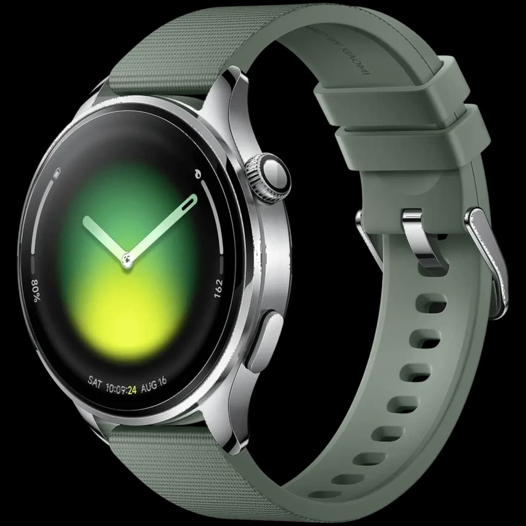 Xiaomi Watch 5 Verde Enebro com caixa metálica, coroa lateral e pulseira de silicone; tela circular AMOLED com mostrador laranja e marcadores de atividade; GPS