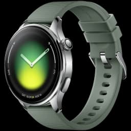 Xiaomi Watch 5 Verde Enebro com caixa metálica, coroa lateral e pulseira de silicone; tela circular AMOLED com mostrador laranja e marcadores de atividade; GPS