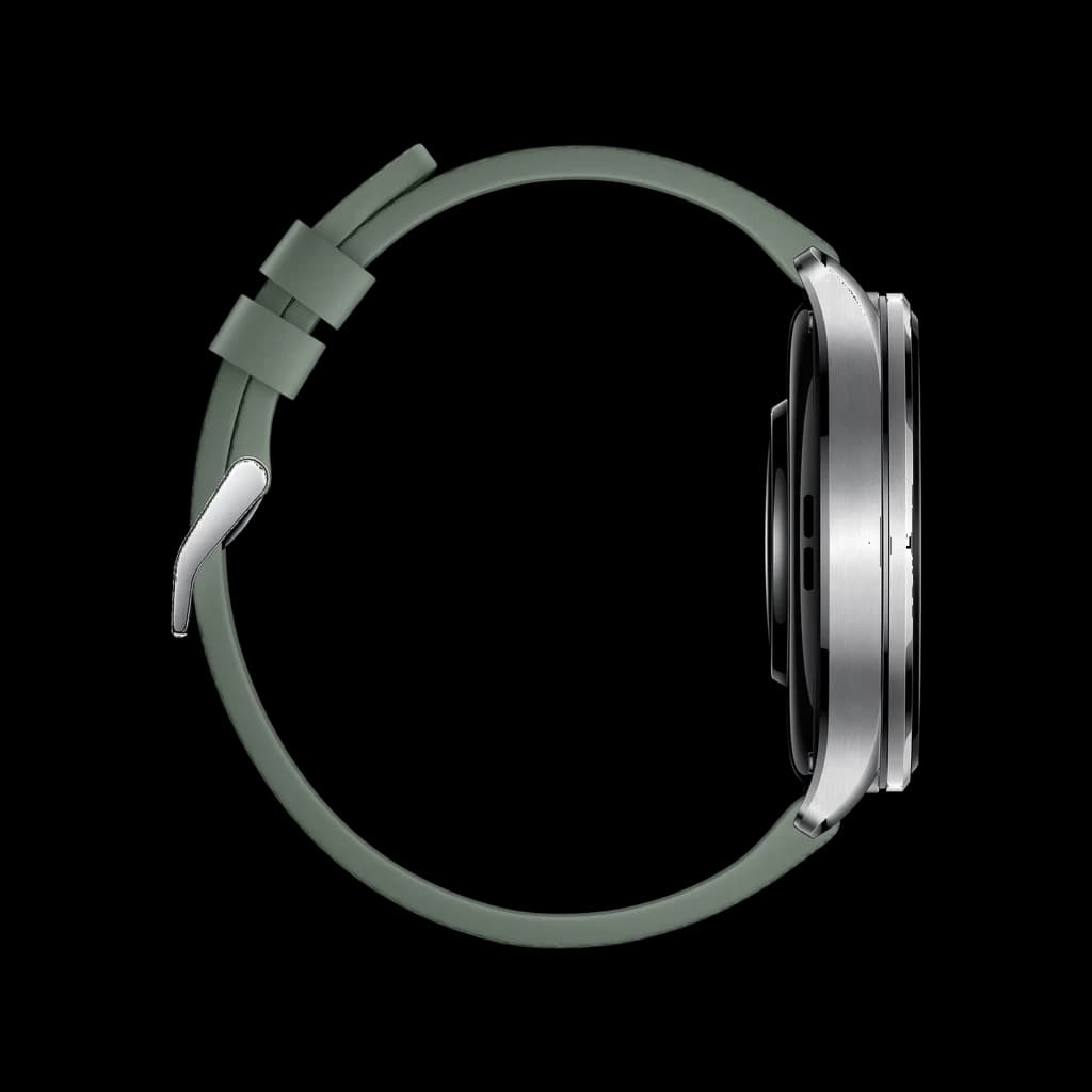 Xiaomi Watch 5 Verde Enebro com caixa prateada e pulseira verde fosca; perfil lateral fino, fivela metálica e acabamento premium; relógio inteligente com GPS