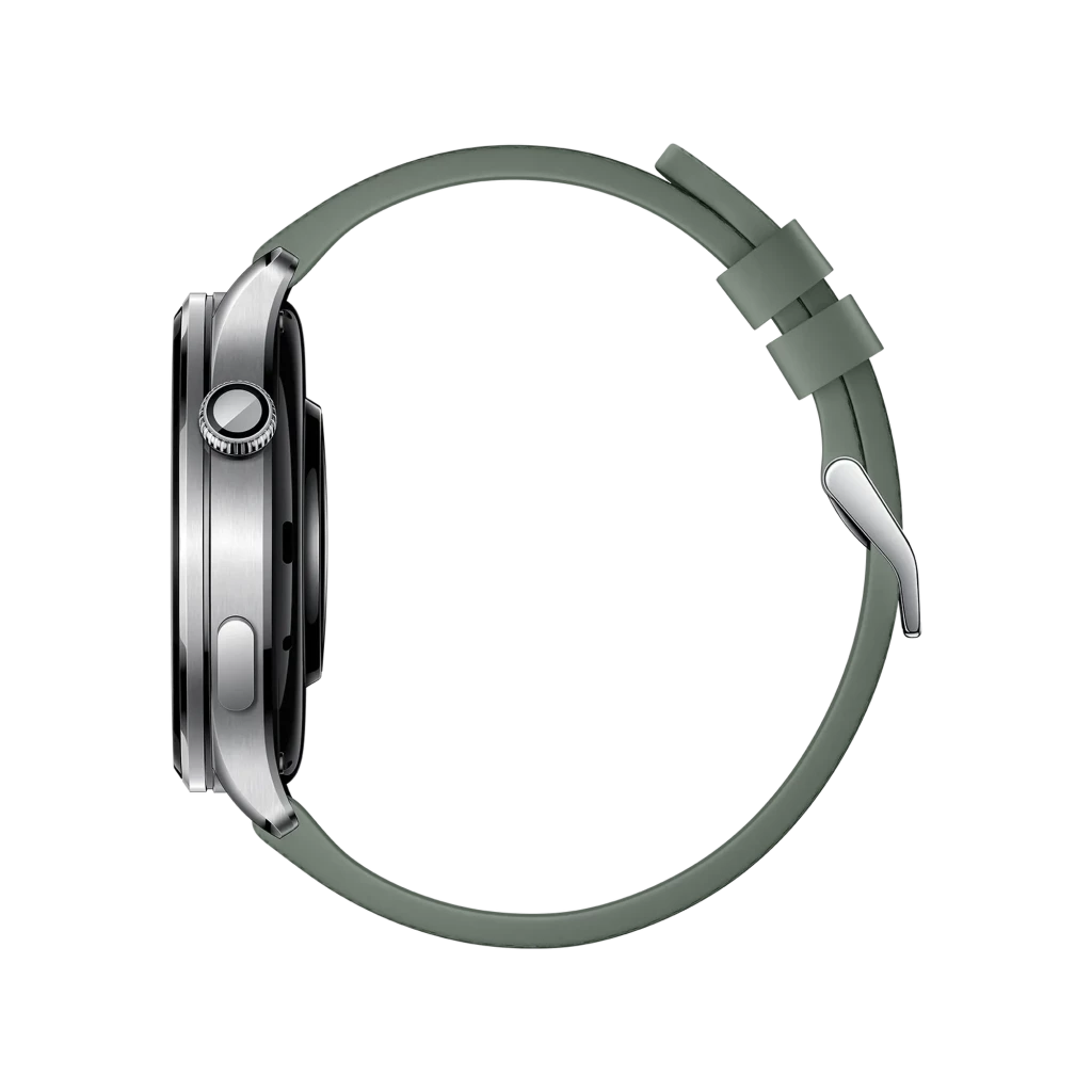 Xiaomi Watch 5 Verde Enebro con caja metálica, pantalla circular AMOLED sin bisel, corona lateral y correa de silicona negra con hebilla y ranuras ajustables - Ítem5