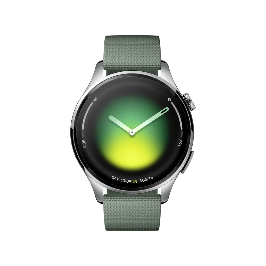 Xiaomi Watch 5 Verde Enebro con caja metálica, pantalla circular AMOLED sin bisel, corona lateral y correa de silicona negra con hebilla y ranuras ajustables - Ítem1