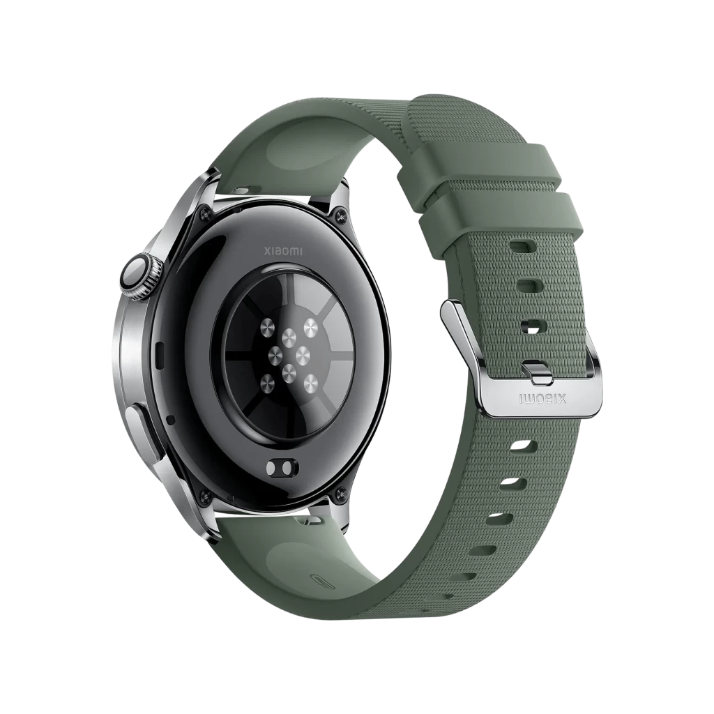 Xiaomi Watch 5 Verde Enebro con caja metálica, pantalla circular AMOLED sin bisel, corona lateral y correa de silicona negra con hebilla y ranuras ajustables - Ítem3