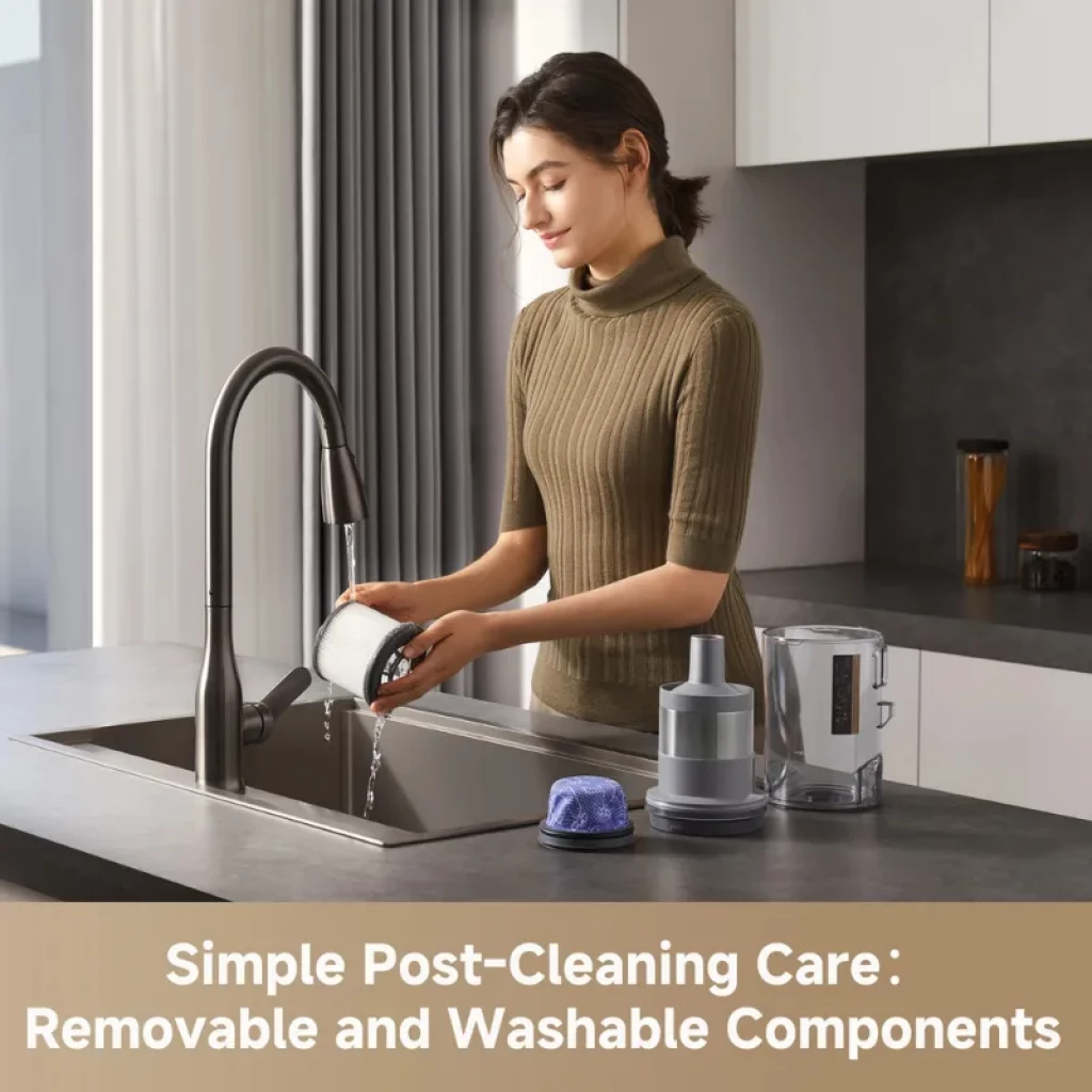 Dreame R20 Ultra AquaCycle sans fil en couleur noire, corps élancé avec réservoir transparent et tête motorisée à profil bas - Ítem7