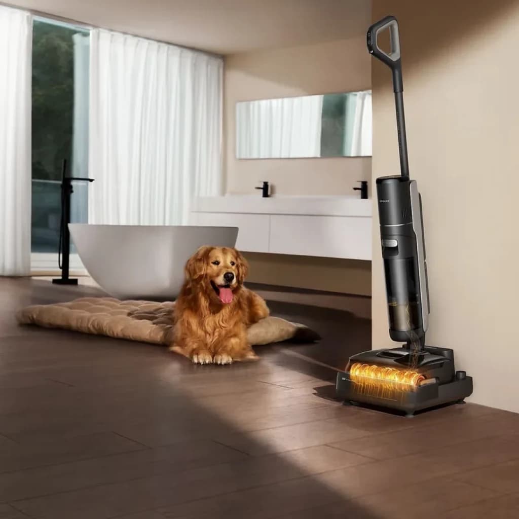 Aspirateur eau et poussière 4 en 1 Dreame H15 Mix, 18 000 Pa avec brosse rotative lumineuse, station de charge compacte, design noir élégant pour sols durs