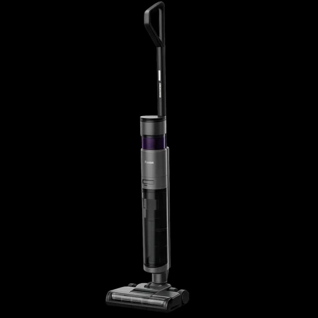 Aspirador sem fios vertical cinza e preto com detalhe roxo, base larga e pega ergonômica; design 2 em 1, depósito transparente e escova motorizada