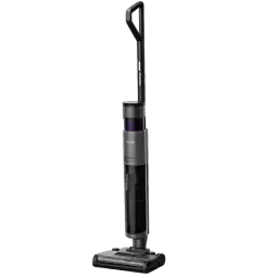 Aspirador sem fios vertical cinza e preto com detalhe roxo, base larga e pega ergonômica; design 2 em 1, depósito transparente e escova motorizada