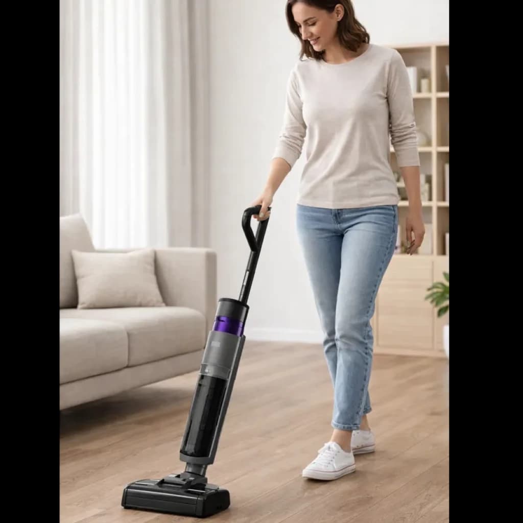 Aspirador sem fios Eureka New 480 GX6 2 em 1 em uso no chão de madeira, design vertical com tubo preto e detalhe roxo, base larga e reservatório transparente