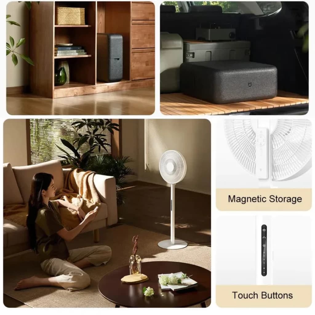 Mijia Smart Standing Fan Pro Slim EU USB C Portable – ventilateur sur pied blanc, design fin, base ronde, pales discrètes, boutons tactiles, rangement