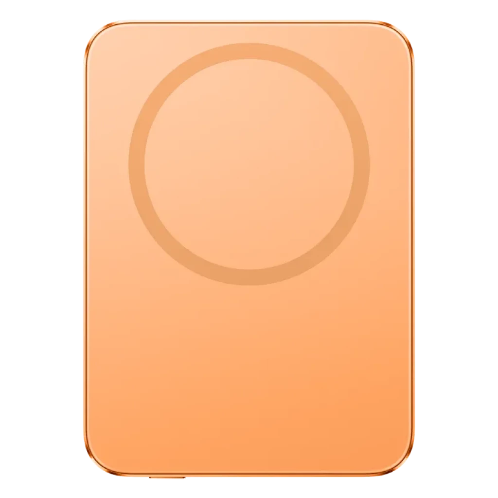 Power bank magnético ultradelgado naranja con acabado mate, anillo MagSafe visible, bordes redondeados y logo mi al frente - Ítem1