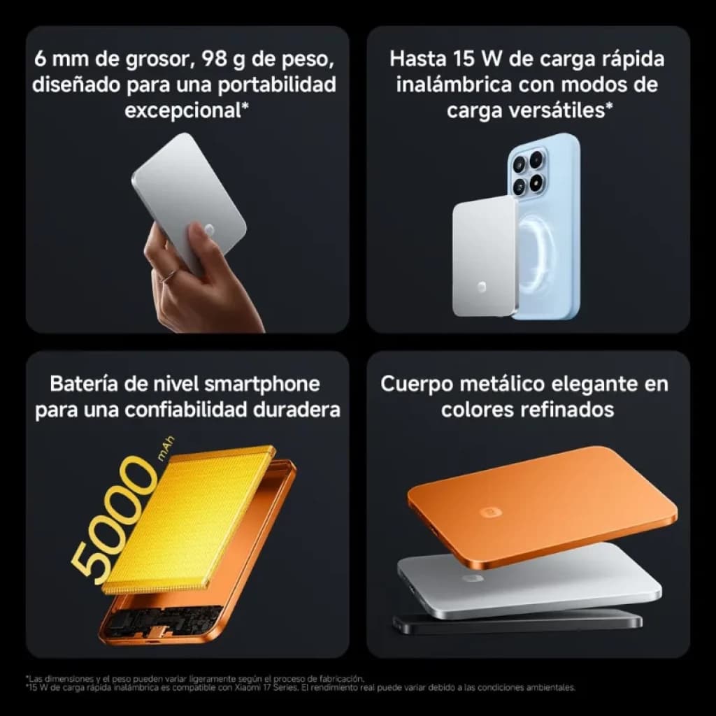 Power bank magnético ultradelgado naranja de 5000 mAh, 6 mm y 98 g, acabado metálico elegante, carga inalámbrica rápida hasta 15 W con diseño compacto