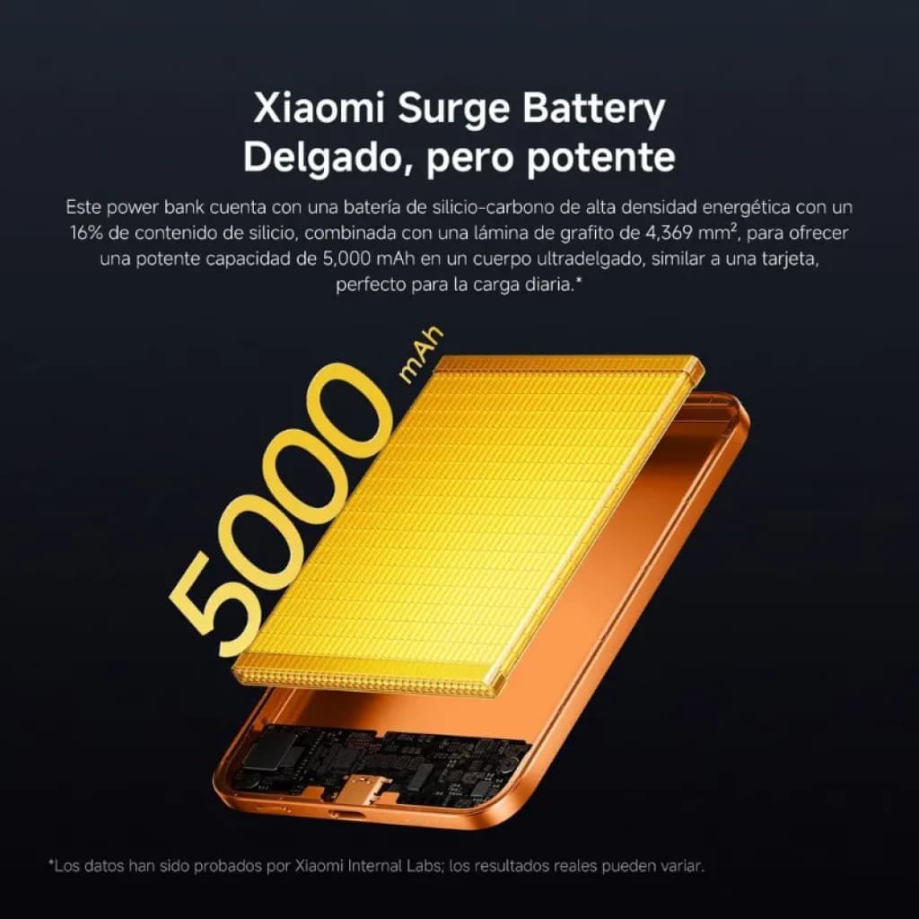 Xiaomi UltraThin Magnetic Power Bank 5000 15W Naranja, diseño ultradelgado, superficie texturizada amarilla, borde metálico naranja, indicación 5000 mAh