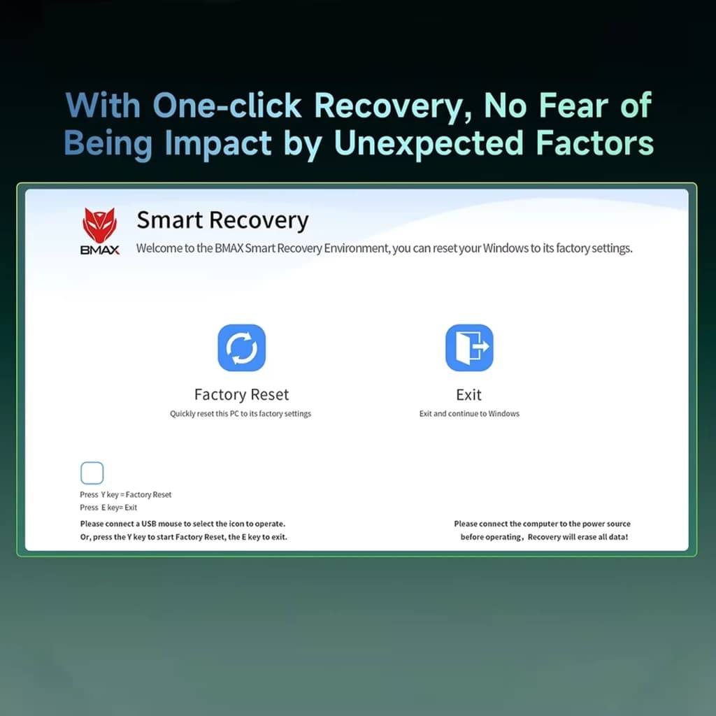 Tela do BMAX Smart Recovery com opções Factory Reset e Exit, destaque para recuperação com um clique, interface limpa em azul e ícones claros