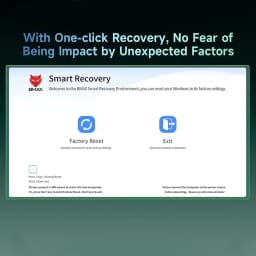 Tela do BMAX Smart Recovery com opções Factory Reset e Exit, destaque para recuperação com um clique, interface limpa em azul e ícones claros
