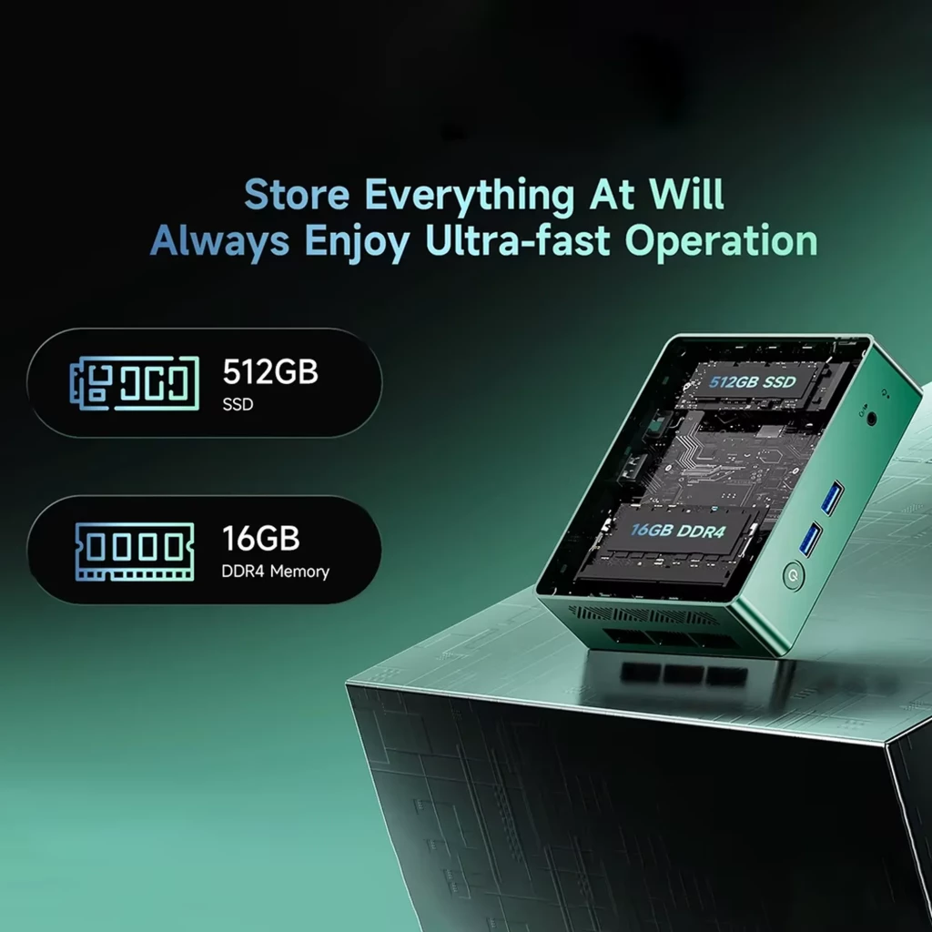 Mini PC BMAX B6 Turbo vert, boîtier compact métal, ports USB en façade, USB et HDMI latéraux, bouton d’alimentation, logo BMAX gravé - Ítem3