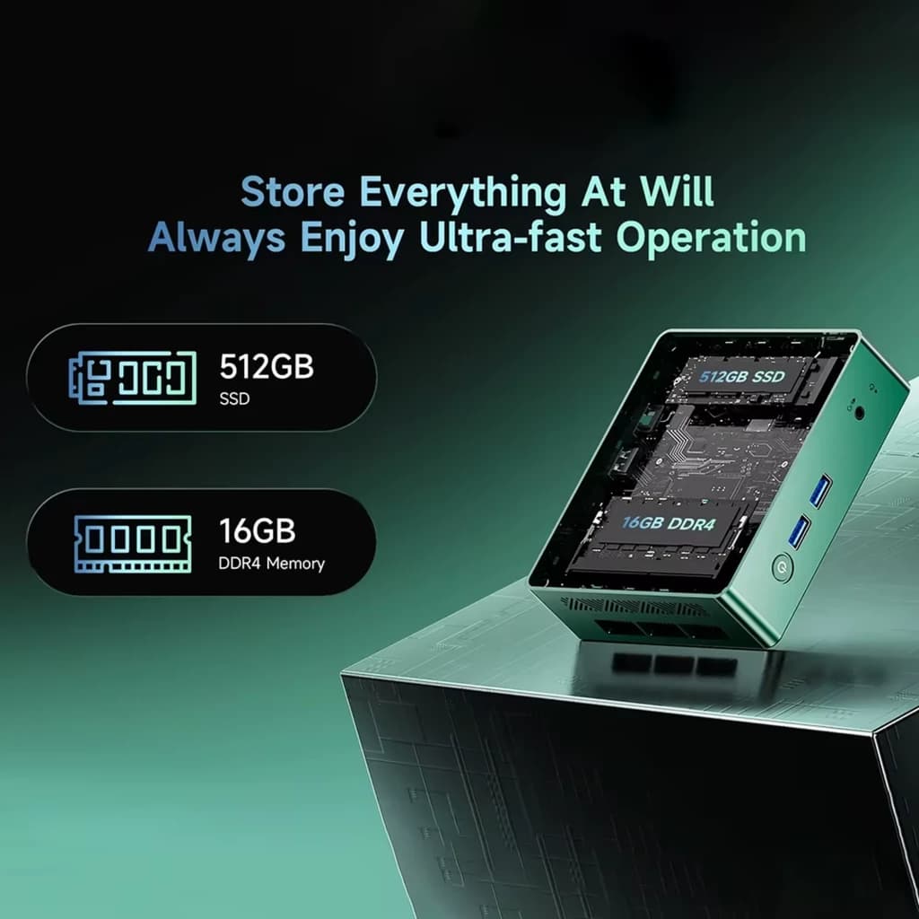 BMAX B6 Turbo mini PC compacto em metal verde, portas USB laterais, destaque para SSD 512GB e RAM DDR4 16GB, design moderno e iluminação sutil