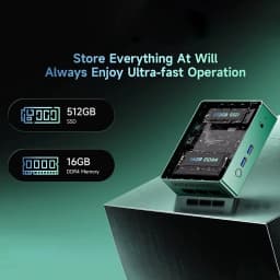 BMAX B6 Turbo mini PC compacto em metal verde, portas USB laterais, destaque para SSD 512GB e RAM DDR4 16GB, design moderno e iluminação sutil