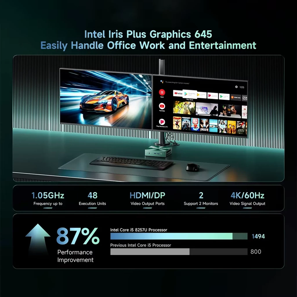 Mini PC BMAX B6 Turbo vert, boîtier compact métal, ports USB en façade, USB et HDMI latéraux, bouton d’alimentation, logo BMAX gravé - Ítem2