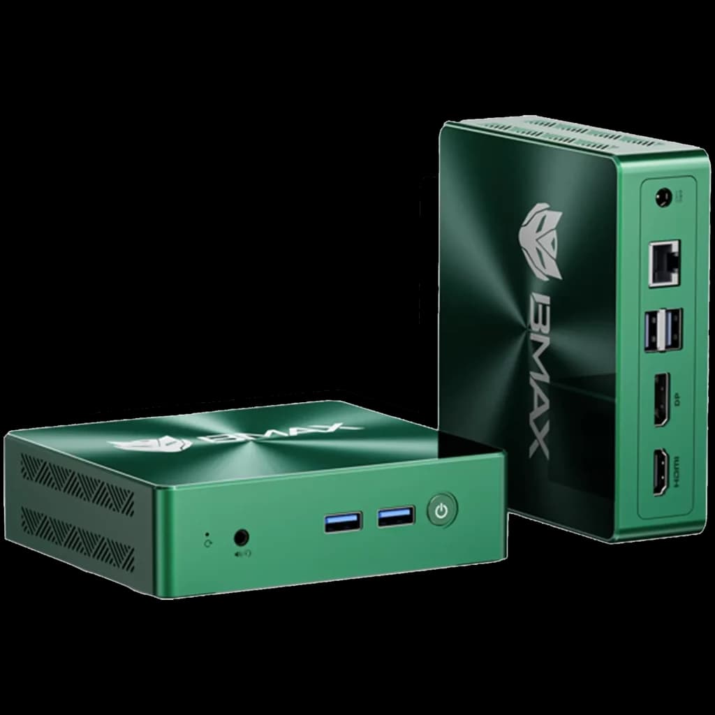 Mini PC BMAX B6 Turbo verde metálico com logo prateado, portas frontais USB e áudio, botão de energia e laterais com USB, HDMI, Ethernet e entrada DC