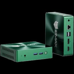 Mini PC BMAX B6 Turbo verde metálico com logo prateado, portas frontais USB e áudio, botão de energia e laterais com USB, HDMI, Ethernet e entrada DC
