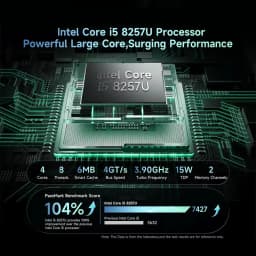 Chip Intel Core i5 8257U em placa-mãe, destaque para 4 núcleos, 8 threads, 6 MB cache, 3.90 GHz turbo, 15W TDP e gráfico de desempenho PassMark