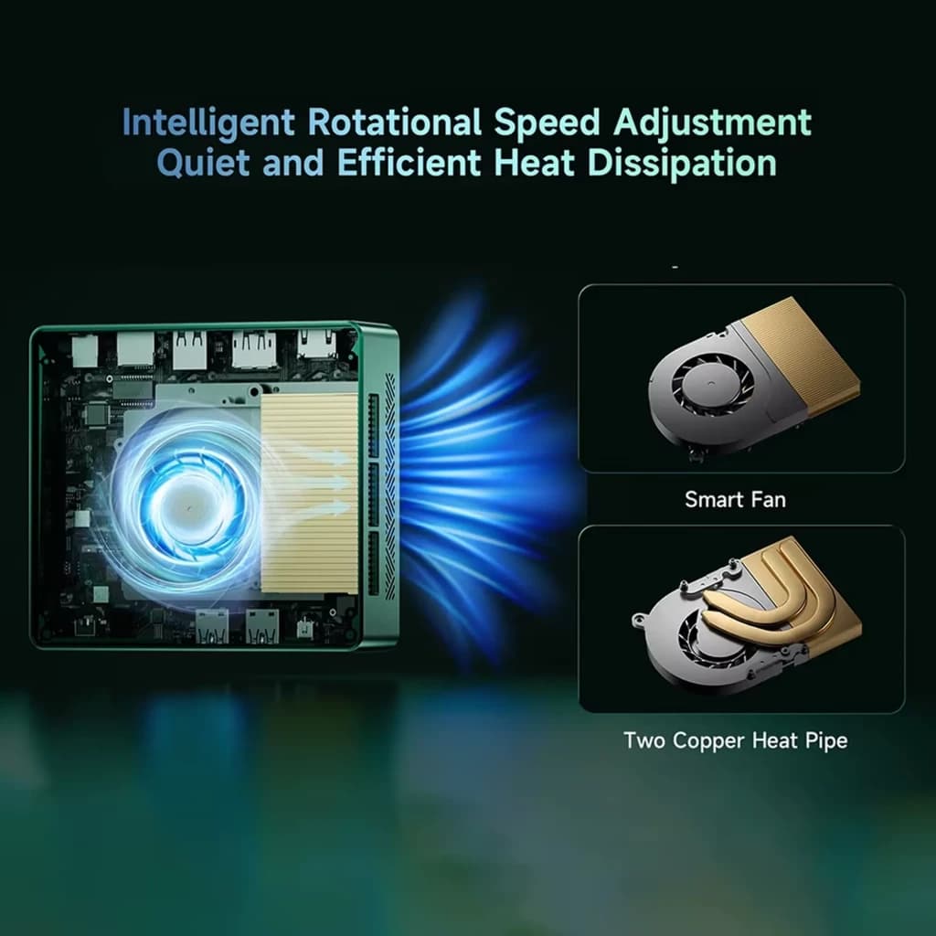 BMAX B6 Turbo Mini PC com ventilador inteligente, duas heat pipes de cobre e dissipação silenciosa e eficiente; tampa superior verde, design compacto