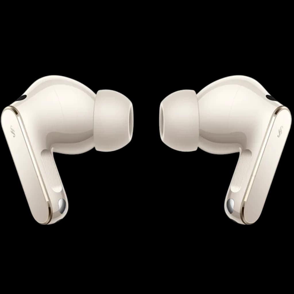 Auriculares Huawei FreeBuds Pro 5 Areia em tom bege, formato in-ear com ponteiras de silicone, hastes curtas metálicas e detalhes dourados elegantes