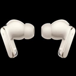 Auriculares Huawei FreeBuds Pro 5 Areia em tom bege, formato in-ear com ponteiras de silicone, hastes curtas metálicas e detalhes dourados elegantes