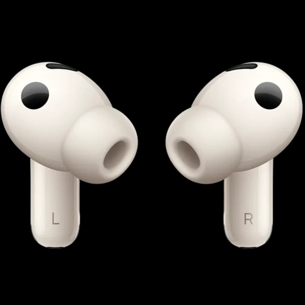 Huawei FreeBuds Pro 5 Areia em tom bege, formato intra-auricular com ponteiras de silicone, hastes curtas L e R visíveis e acabamento suave e minimalista